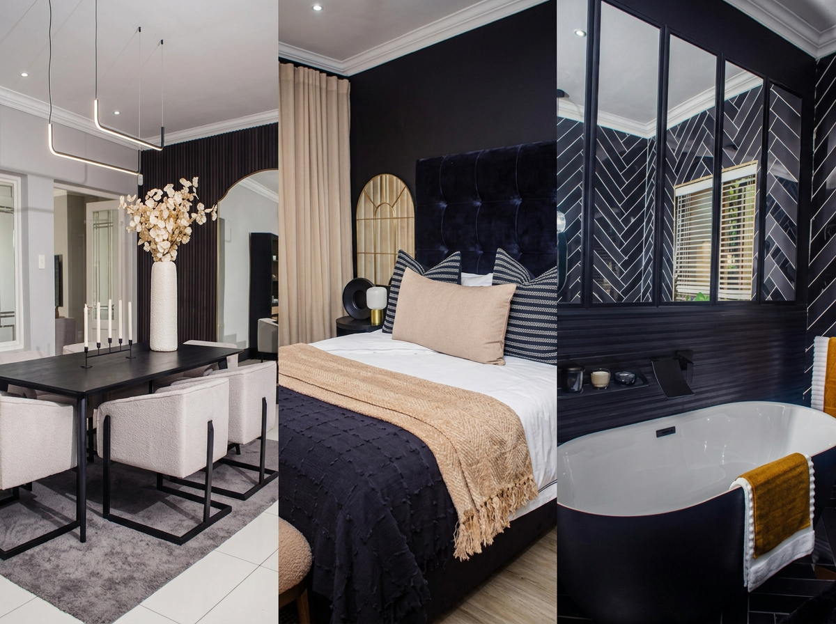 Dining room, velvet bedroom suite and herringbone-tiled bathroom at 5 on Dana guest house in Gqeberha